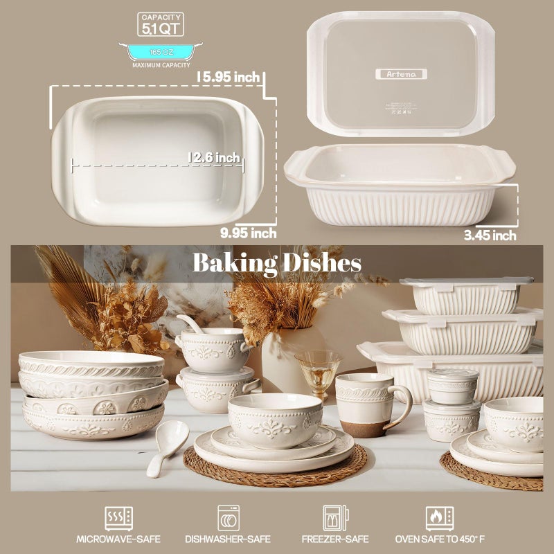 Artena Baking Dish 5.1 Quarts, Casserole Dishes For Oven, Baking Pan With Handles, Lasagna Pan Deep, Large Casserole Dish, Rectangular White Ceramic Bakeware (Baking Dish With Lids) - Image 2