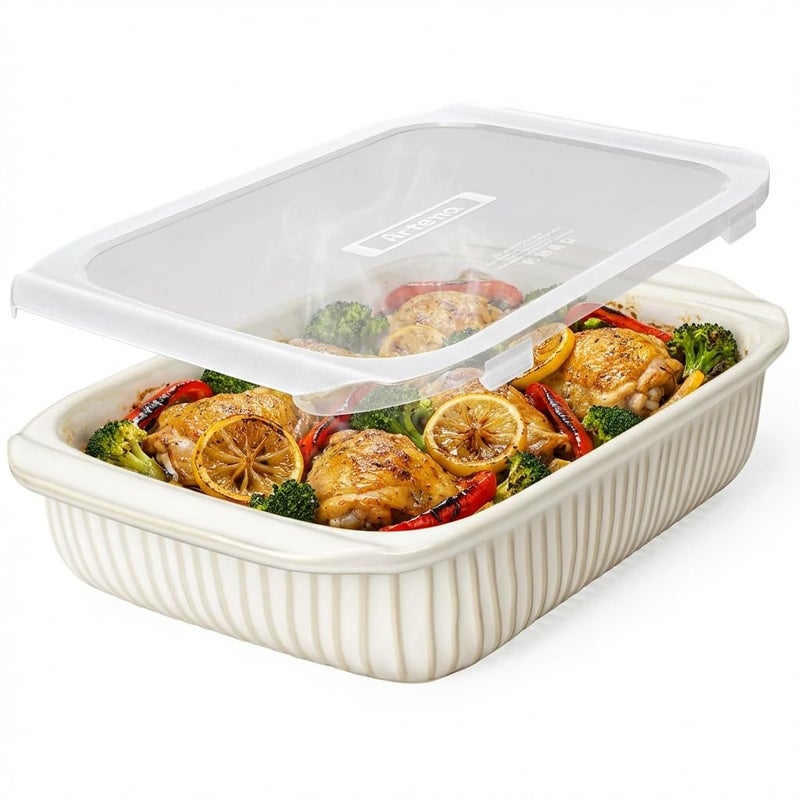 Artena Baking Dish 5.1 Quarts, Casserole Dishes For Oven, Baking Pan With Handles, Lasagna Pan Deep, Large Casserole Dish, Rectangular White Ceramic Bakeware (Baking Dish With Lids) - Image 1