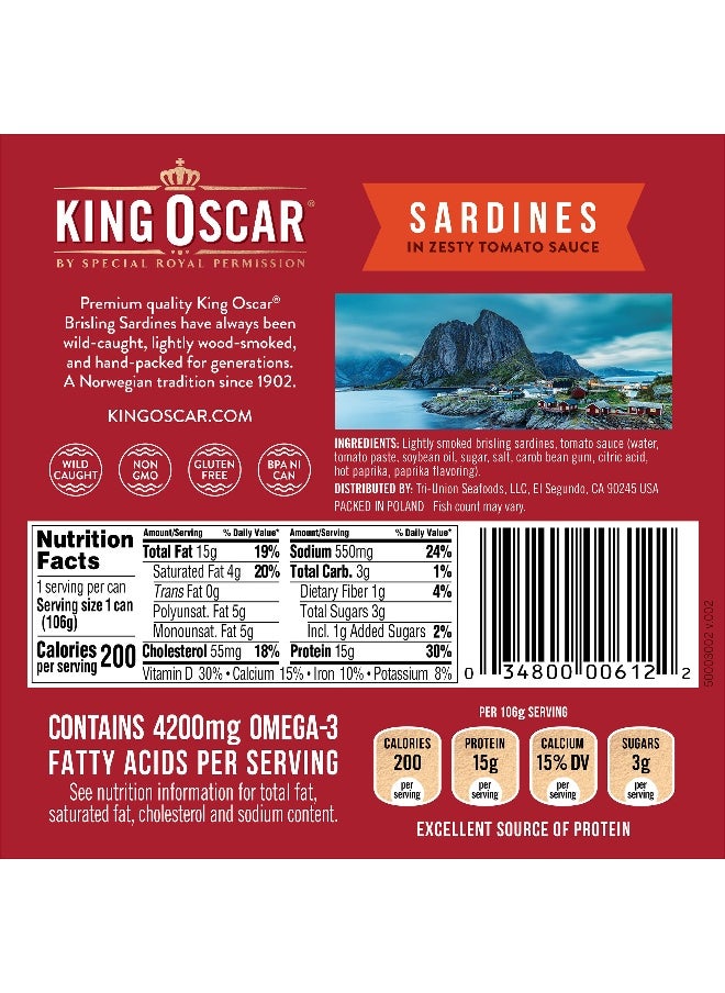 KING OSCAR King Oscar, Wild Caught Sardines In Zesty Tomato Sauce, 3.75 oz (106 g)  - Image 2