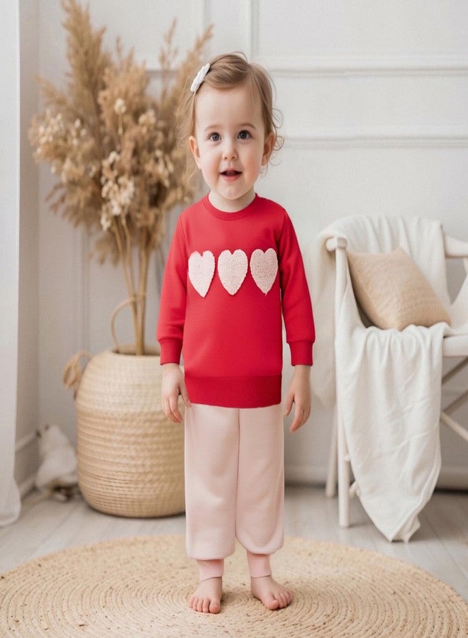 Fernvia Toddler Baby Girl Valentine’s Day Outfits Heart Print Pullover Sweatshirts & Pants Set Fall Winter Clothes, Red, 3-4 Years - Image 2