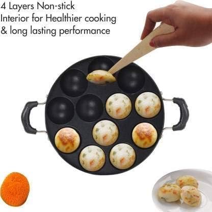SHETAPRIDE 12 Cavities Non Stick Appam Patra with Lid and Side Handlekulipaniyaram pan nonstickappePaniyarrakalPaniyaram 05 L Capacity 235 cm Diameter Aluminium NonStick Red - Image 3
