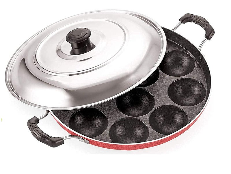 SHETAPRIDE 12 Cavities Non Stick Appam Patra with Lid and Side Handlekulipaniyaram pan nonstickappePaniyarrakalPaniyaram 05 L Capacity 235 cm Diameter Aluminium NonStick Red - Image 1