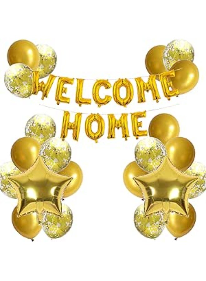 Welcome Home Letter Balloon Banner with Star Sequin Balloons for Home Family Party Decorations Gold(24 Pack)