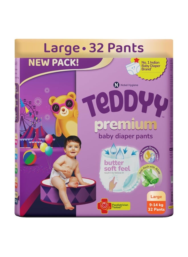 Teddyy Premium Baby Diaper L size, Pant Style | Large (9-14 kg), 32 Pants | Butter Soft Feel, Anti-Rash with Aloe Vera, 12 Hours Dryness Lock