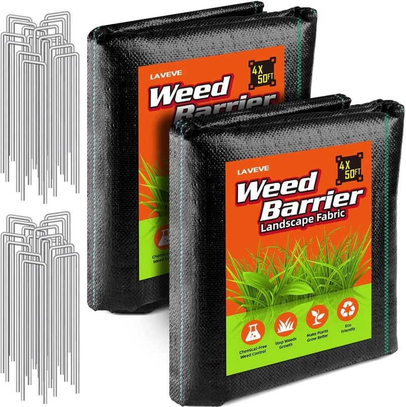 LAVEVE 4FT x 100FT Weed Barrier Landscape Fabric, 3.2oz Premium Heavy Duty Garden Cloth, Ground Cover for Gardening, Farming with 30 U-Shaped Securing Pegs - Image 1