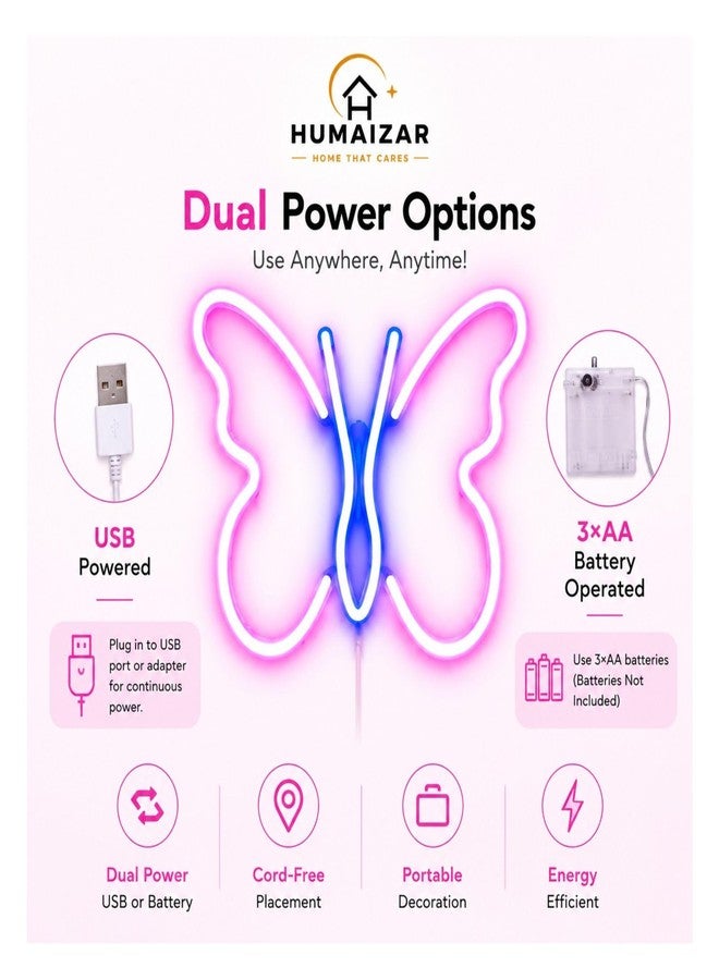 HUMAIZAR Butterfly Neon LED Light for Wall Décor | Aesthetic Neon Light for Bedroom, Kids Room & Living Room | Decorative LED Neon Sign for Home Décor & Gifting - Image 3