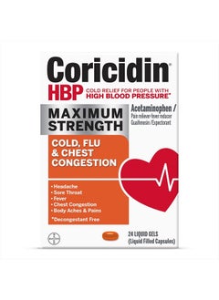 Coricidin HBP , Decongestant-Free Cold Symptom Relief for People with High Blood Pressure, Maximum Strength, Flu & Chest Congestion Liquid Gels, 24 Count  - Image 1