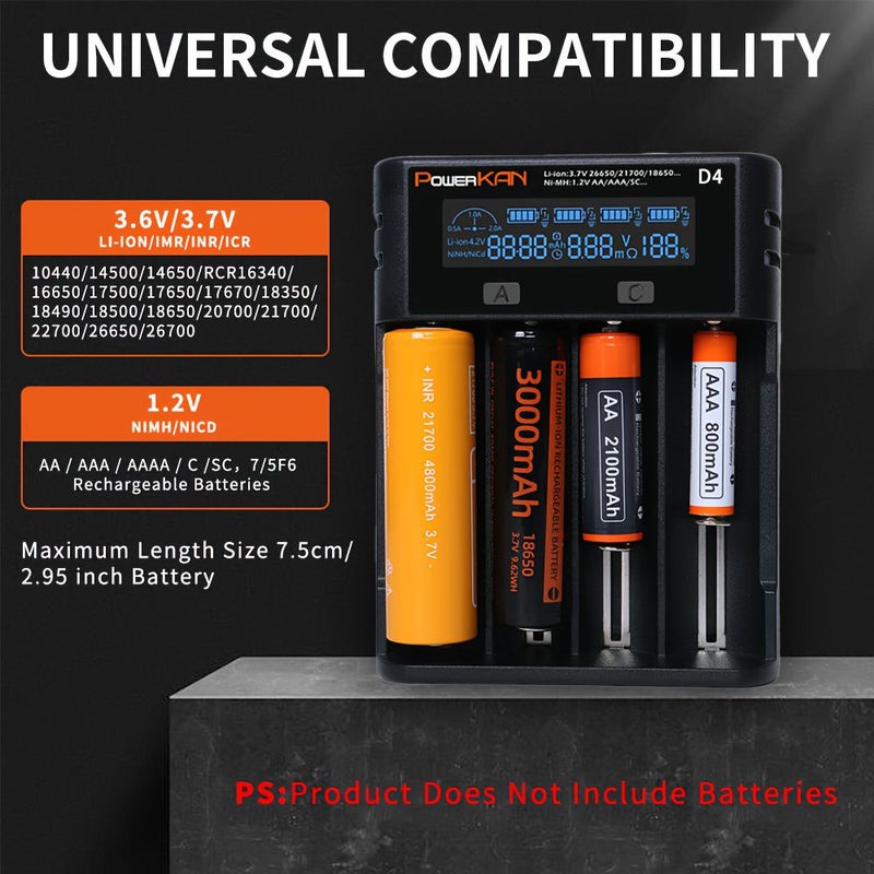شاحن بطارية عالمي D4 مع شاشة LCD ذكية، عرض مرئي لحالة الشحن، موصل USB، حماية متعددة التأثيرات من الدوائر القصيرة لبطاريات الليثيوم والنيكل-معدن هيدريد القابلة لإعادة الشحن - Image 2