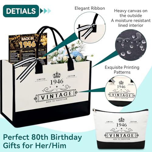 TrophyToast 80th Birthday Gifts for Women Her- 4 pcs, Turning 80 Year Old Gifts, Decorations Canvas Beach Tote Bag & Makeup Bag, Unique Happy 80th Present for Her Mom Wife Friends - Image 4