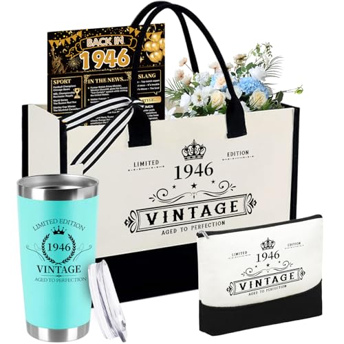 TrophyToast 80th Birthday Gifts for Women Her- 4 pcs, Turning 80 Year Old Gifts, Decorations Canvas Beach Tote Bag & Makeup Bag, Unique Happy 80th Present for Her Mom Wife Friends - Image 1