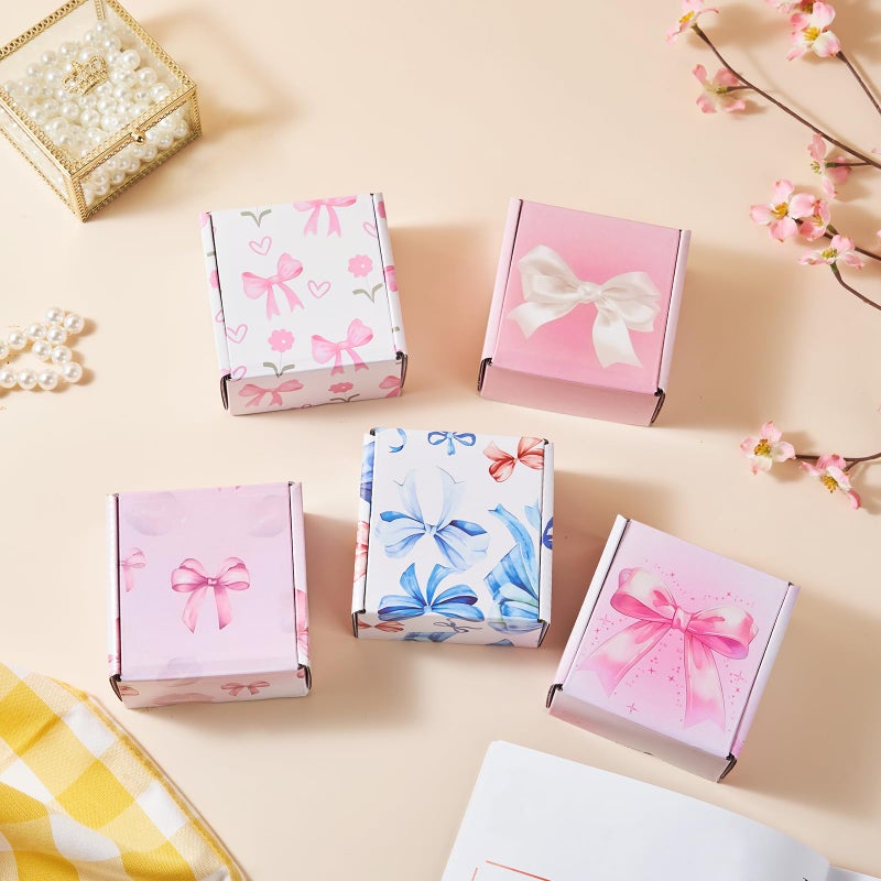 Soxuding Bow Pink Shipping Boxes Pack of 25, 4x4x2 inches Gift Boxes Small Cardboard Corrugated Mailer Shipping Boxes for Small Business(5 patterns) - Image 1
