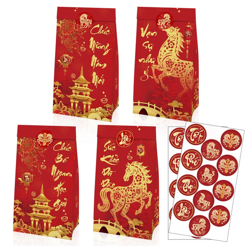 IRCOR Vietnamese New Year Gift Bags with Envelopes and Stickers, 12PCS Tet Party Favor Bags with 12 Red Envelopes (LÃ¬ XÃ¬) & 24 Stickers for Lunar New Year Celebration - Image 1