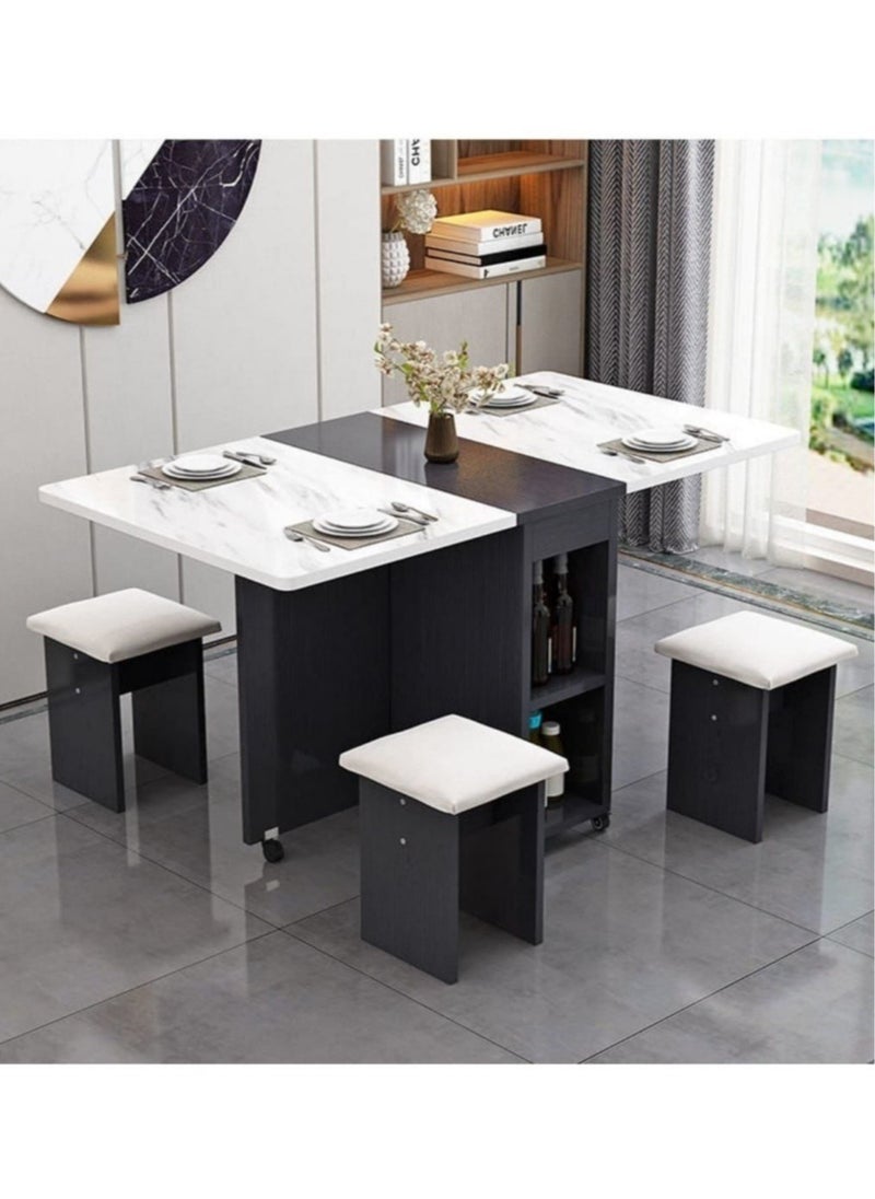 Generic - Extendable Folding Dining Table Set , Multifunctional Mobile Kitchen Table, Folding Kitchen Table with 2-Layer Shelf, 6 Wheels, With Four Benches - Image 1