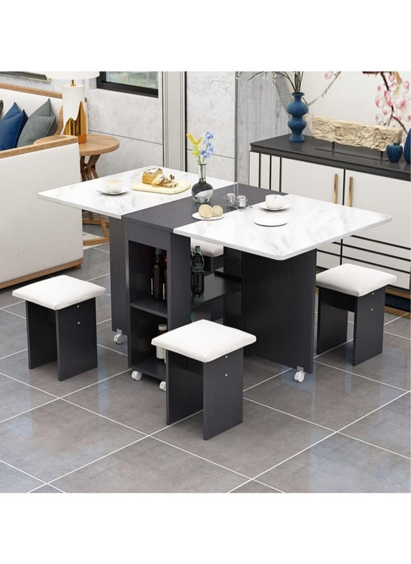 Generic - Extendable Folding Dining Table Set , Multifunctional Mobile Kitchen Table, Folding Kitchen Table with 2-Layer Shelf, 6 Wheels, With Four Benches - Image 1