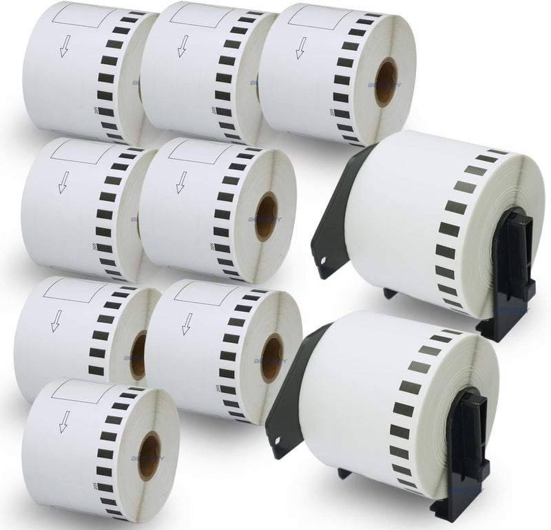 بيتكي - 10 لفات ورق مستمر متوافق مع Brother DK-22205، مقاس 62 مم × 30.48 م، 10 ملصقات لطابعات ملصقات Brother QL (مع مثبتين قابلين لإعادة الاستخدام) - Image 1
