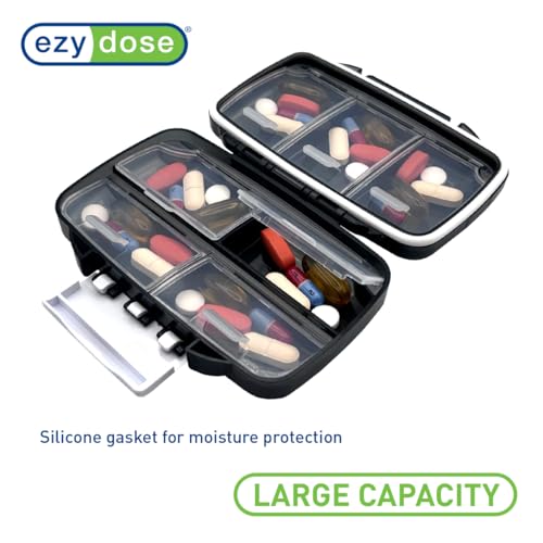Ezy Dose منظم حبوب محمول مقاوم للرطوبة EZY DOSE، منظم حقيبة يد، صندوق صيدلية، حامل أدوية للسفر، إغلاق بمشبك لتأمين المحتويات، حجرات كبيرة، ختم محكم، متوسط، أسود - Image 2