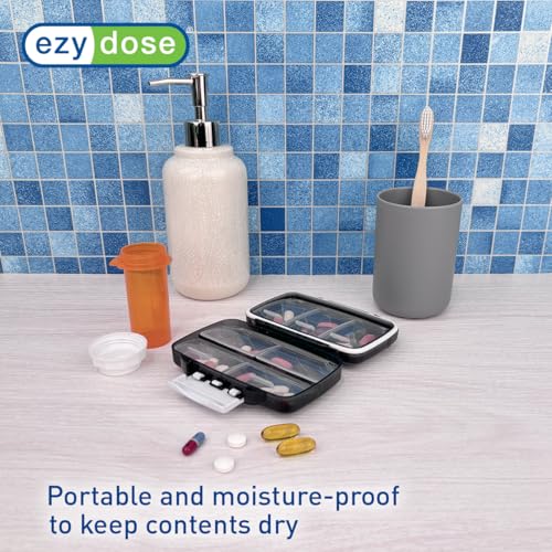 Ezy Dose منظم حبوب محمول مقاوم للرطوبة EZY DOSE، منظم حقيبة يد، صندوق صيدلية، حامل أدوية للسفر، إغلاق بمشبك لتأمين المحتويات، حجرات كبيرة، ختم محكم، متوسط، أسود - Image 4