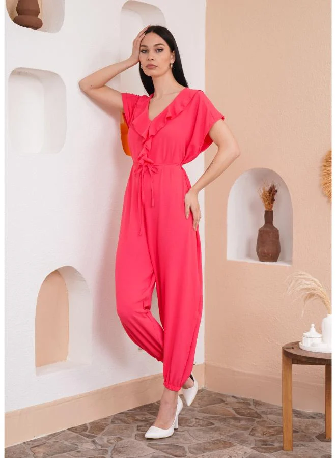 Hoxton Gal Coral V‑Neck Ruffle-Front Jumpsuit Short Sleeves Relaxed Fit