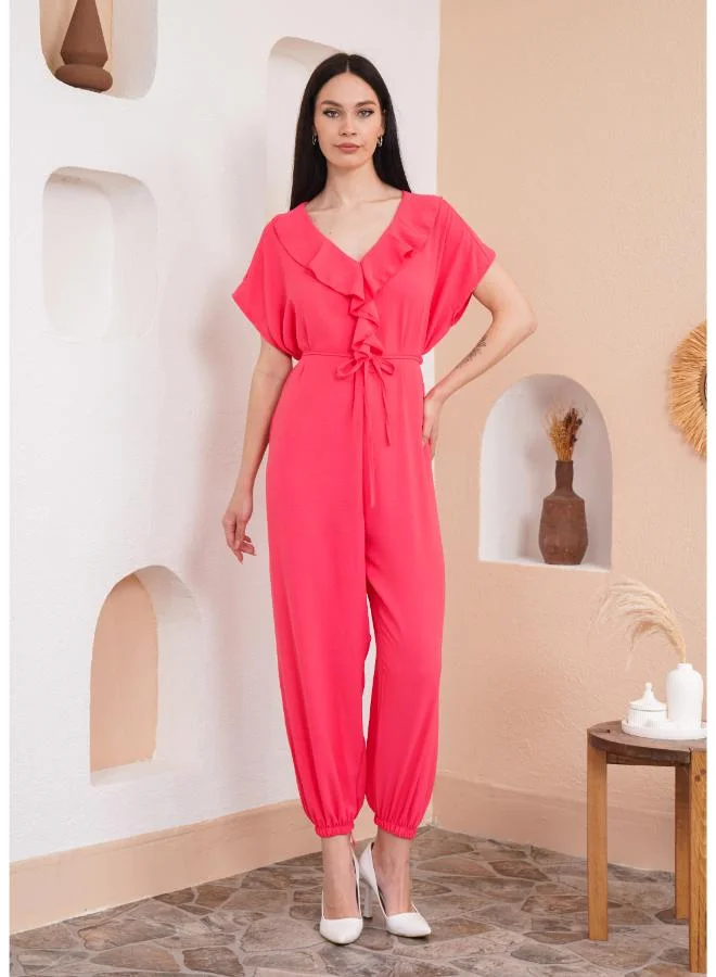 Hoxton Gal Coral V‑Neck Ruffle-Front Jumpsuit Short Sleeves Relaxed Fit