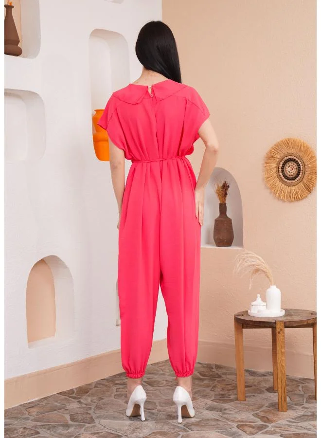 Hoxton Gal Coral V‑Neck Ruffle-Front Jumpsuit Short Sleeves Relaxed Fit