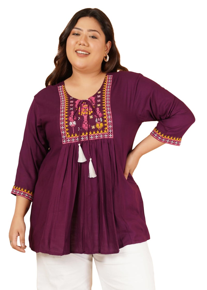 Indietoga Women's Plus Size Rayon Casual Tops (P10001560_Burgundy Embroidered_3XL) - Image 1