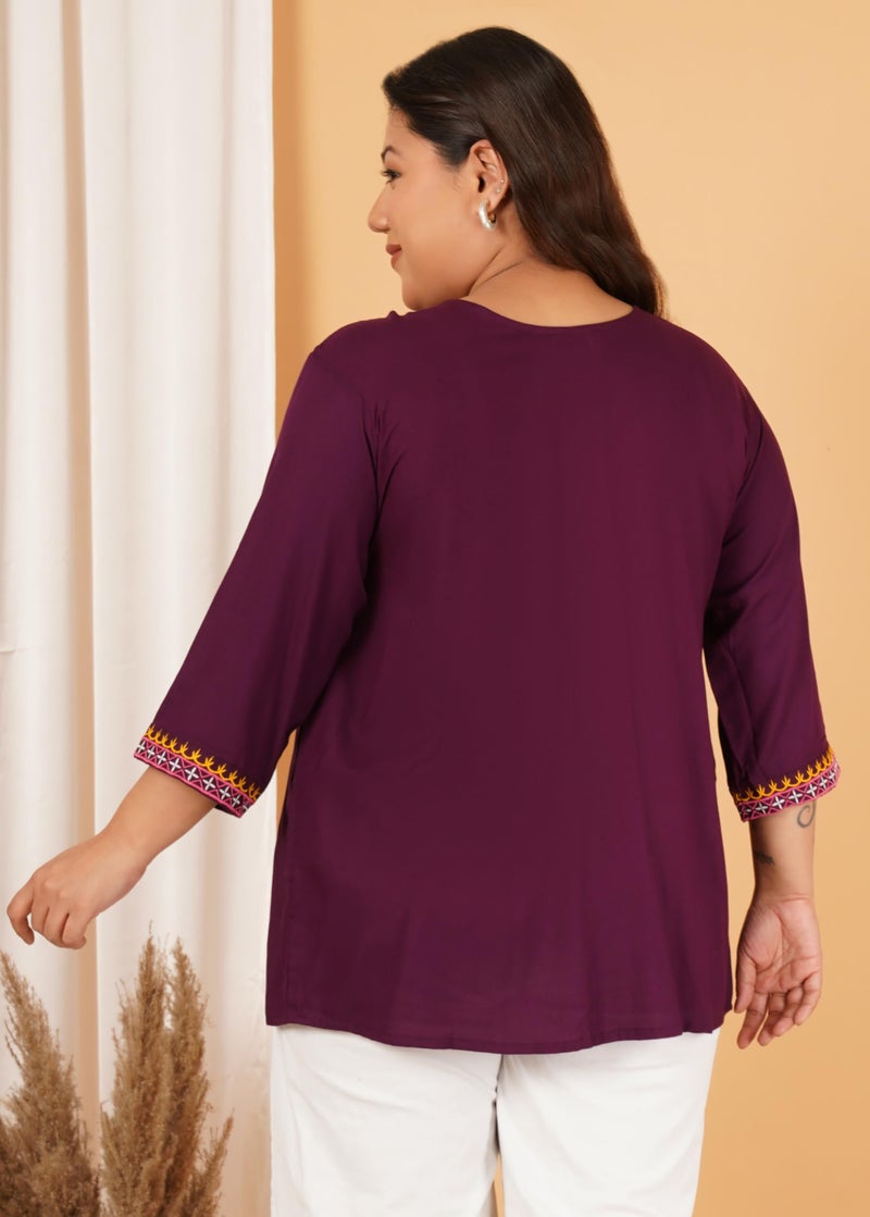 Indietoga Women's Plus Size Rayon Casual Tops (P10001560_Burgundy Embroidered_3XL) - Image 3