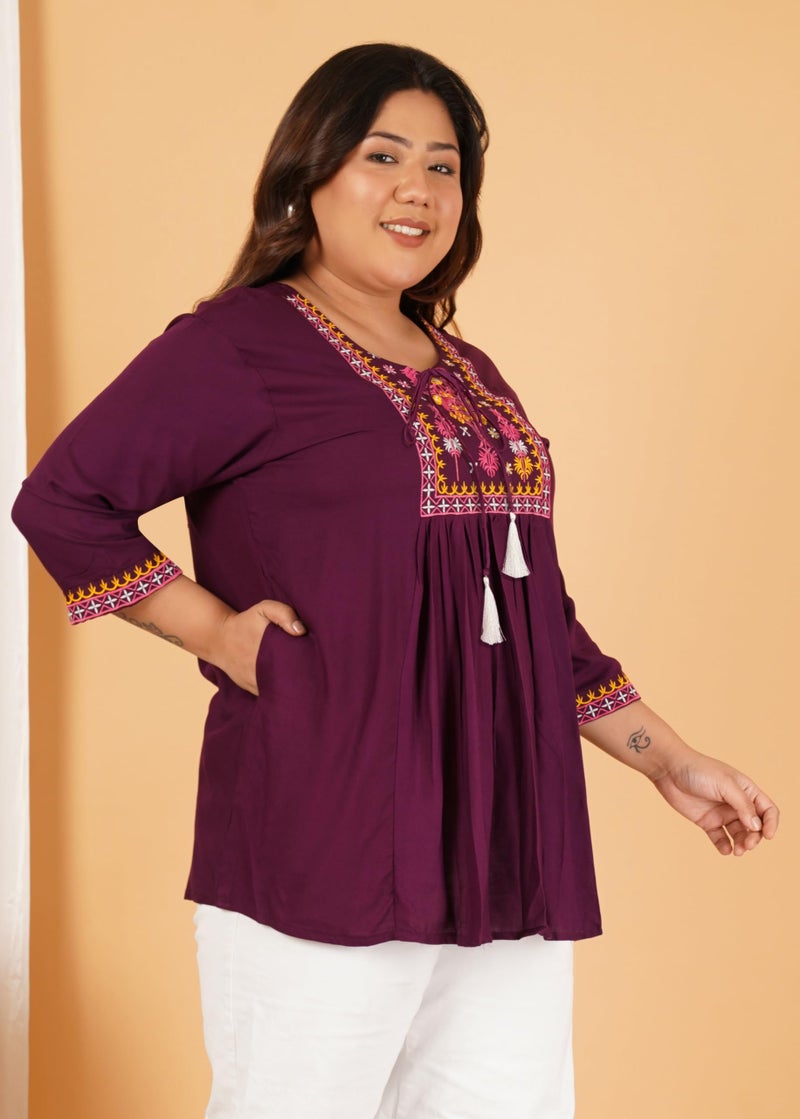 Indietoga Women's Plus Size Rayon Casual Tops (P10001560_Burgundy Embroidered_3XL) - Image 4