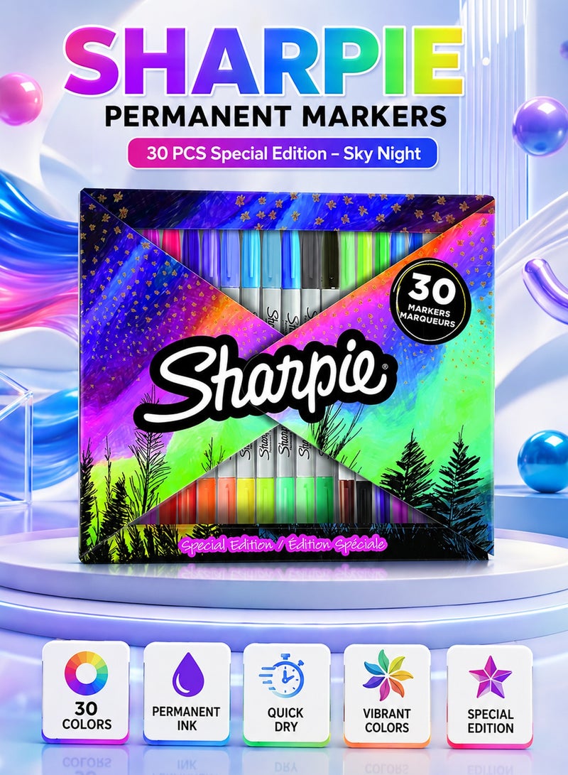 Sharpie Permanent FINE Marker Set - 30 Vibrant Colors, Night Sky Edition in Foldable Case, Water and Fade-Resistant for Professional Drawing and Coloring on All Surfaces - Image 1
