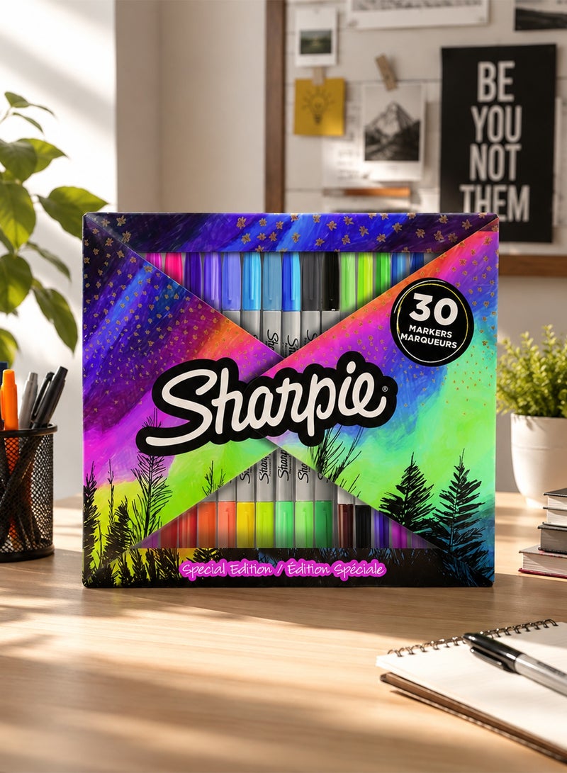 Sharpie Permanent FINE Marker Set - 30 Vibrant Colors, Night Sky Edition in Foldable Case, Water and Fade-Resistant for Professional Drawing and Coloring on All Surfaces - Image 2