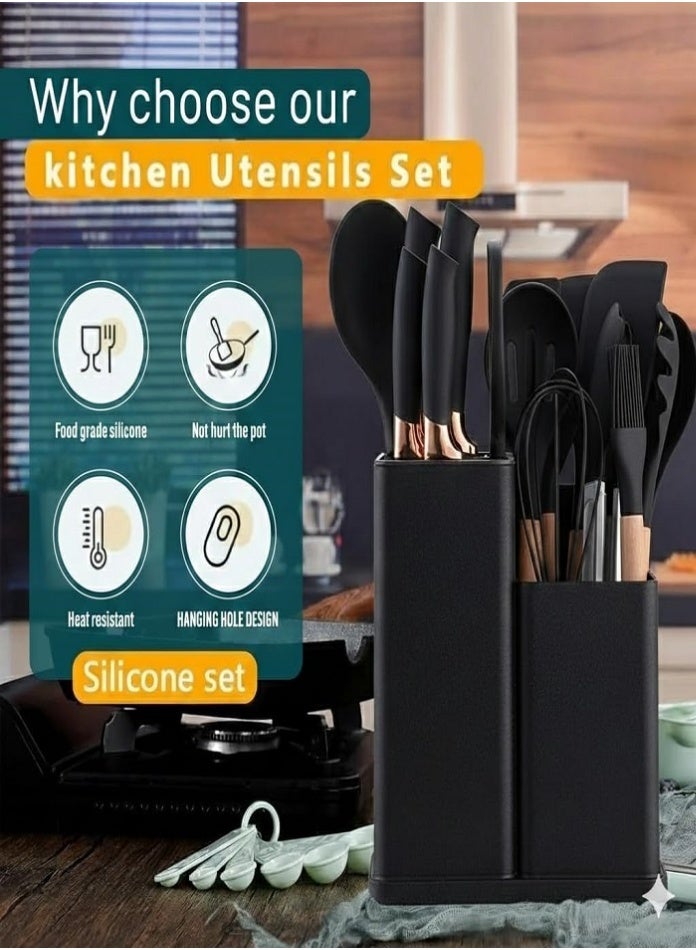 Silicone Kitchen Utensil Set 19-Piece – Heat Resistant Nonstick Cooking Utensils with Wooden Handles & Holder, BPA Free Food Grade Spatula and Spoon Set for Kitchen - Image 5