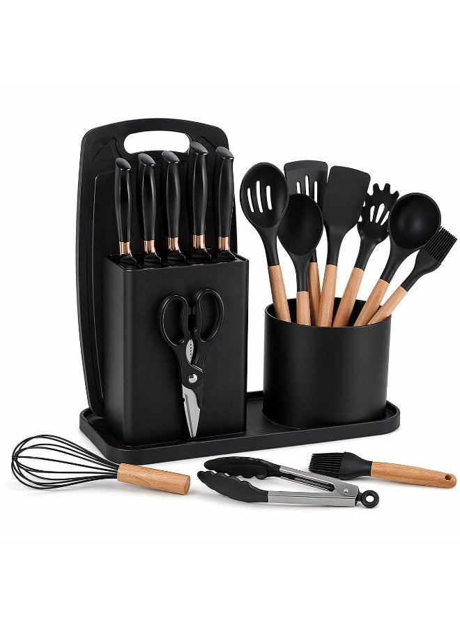 Silicone Kitchen Utensil Set 19-Piece – Heat Resistant Nonstick Cooking Utensils with Wooden Handles & Holder, BPA Free Food Grade Spatula and Spoon Set for Kitchen - Image 1