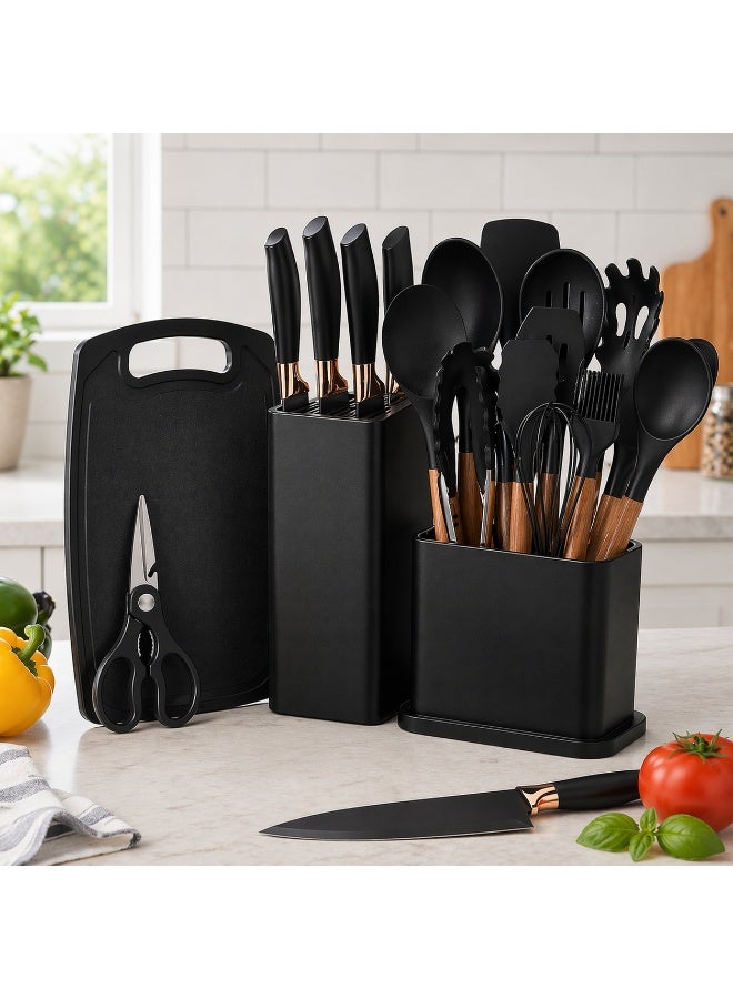 Silicone Kitchen Utensil Set 19-Piece – Heat Resistant Nonstick Cooking Utensils with Wooden Handles & Holder, BPA Free Food Grade Spatula and Spoon Set for Kitchen - Image 2