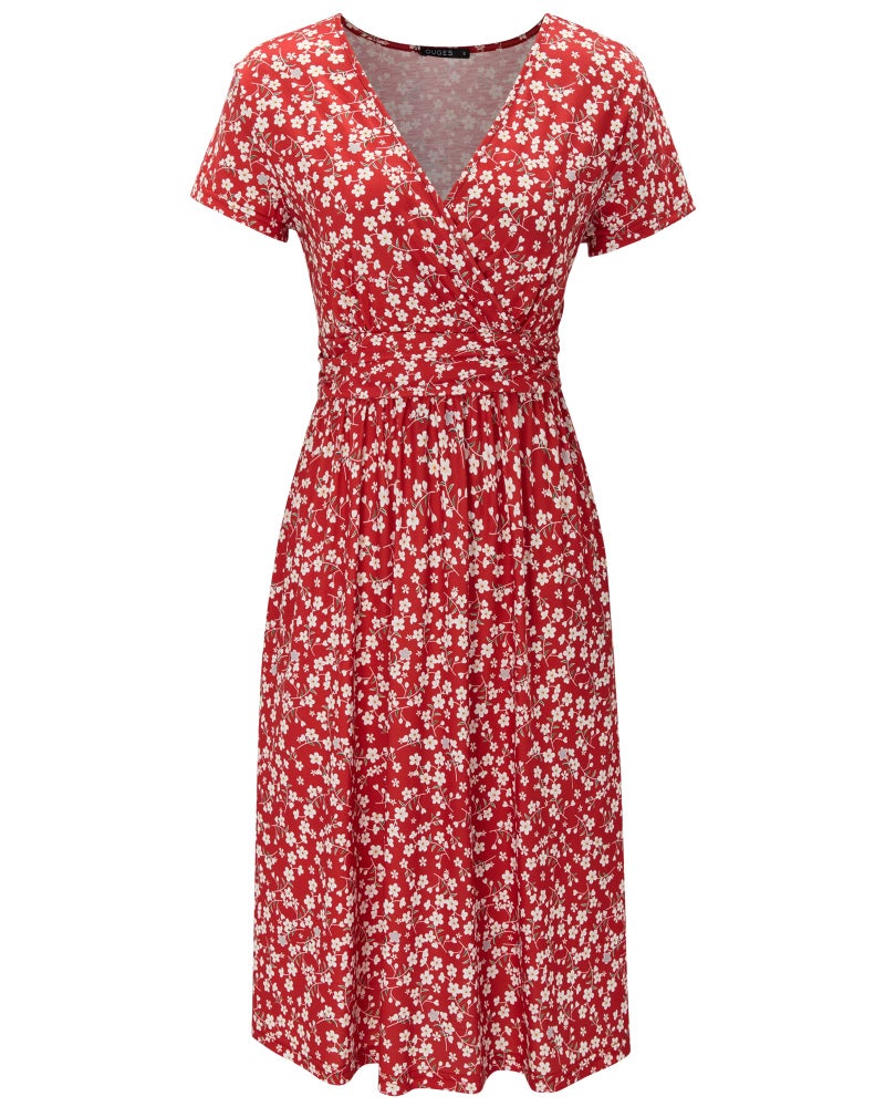 OUGES Casual Spring Summer Dress for Women 2026 Wrap V Neck A Line Midi Party Dresses with Pockets(FloralZ15,M) - Image 2