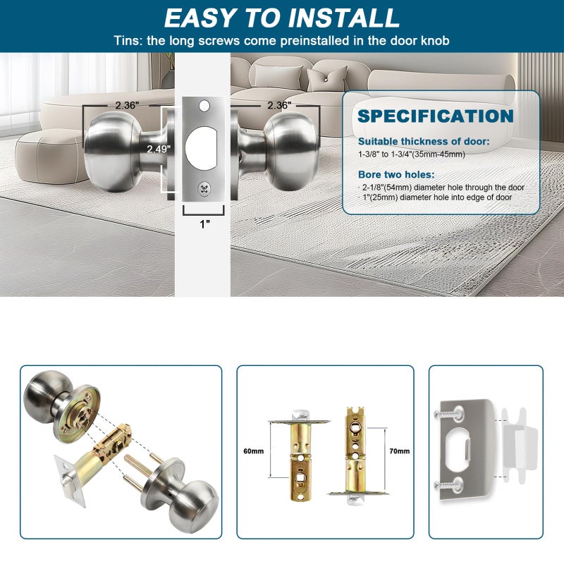 RAZCC Passage Door Knobs, 8 Pack Satin Nickel Door Knobs, for Hallway & Closet Non-Locking Interior Round Door Handles Keyless Reversible for Left Right Handed Doors - Image 4