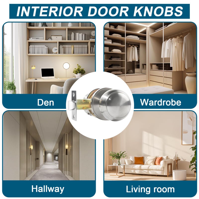 RAZCC Passage Door Knobs, 8 Pack Satin Nickel Door Knobs, for Hallway & Closet Non-Locking Interior Round Door Handles Keyless Reversible for Left Right Handed Doors - Image 3