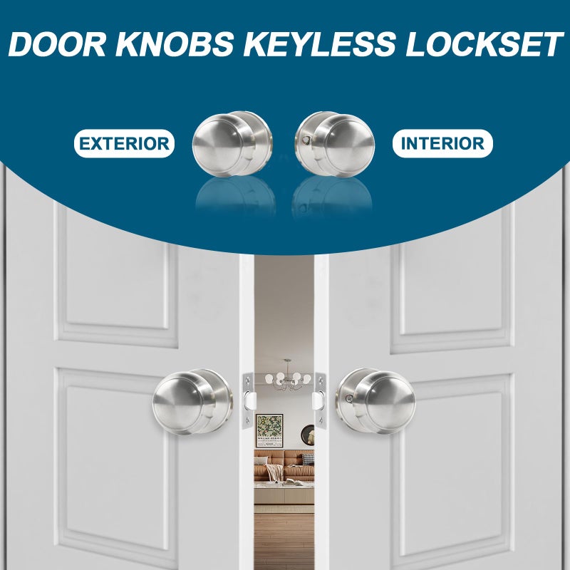 RAZCC Passage Door Knobs, 8 Pack Satin Nickel Door Knobs, for Hallway & Closet Non-Locking Interior Round Door Handles Keyless Reversible for Left Right Handed Doors - Image 5