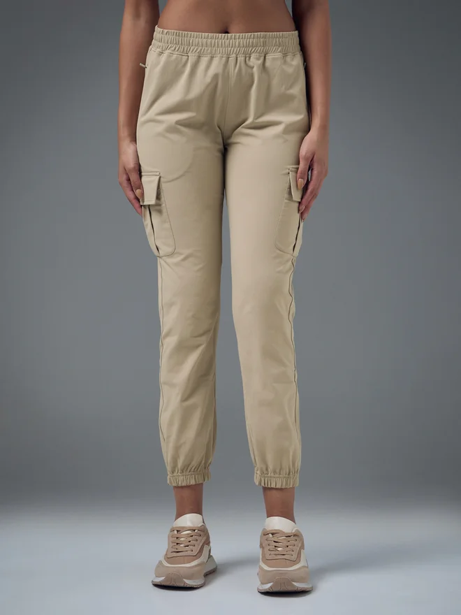 Technosport Beige Slim Fit Solid Cargo Joggers with TECHNO GUARD for Women | Best Price UAE