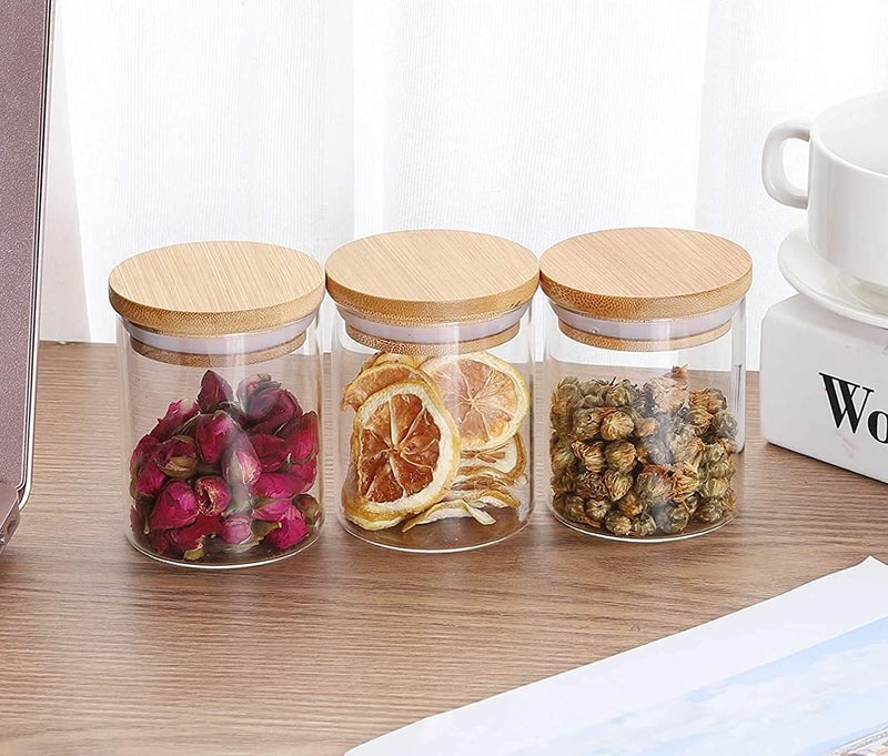 Brezzycloud Set Of 3 Glass spice Jars with Bamboo Wooden Airtight Lids, 220ml Food Storage Containers for Kitchen, Spice, Tea, Sugar, Coffee, Flour, Herbs, Grains store in Masala Jars (220ml, 3 pcs) - Image 1