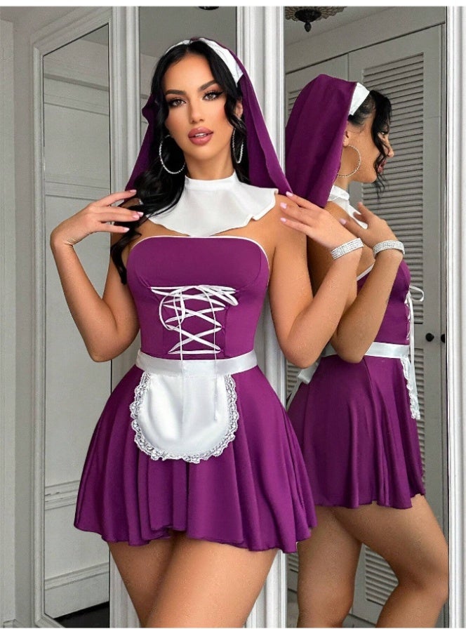 Lingerie Dress - Strapless Flared Skirt Costume with Lace Apron & Matching Headpiece - Image 5