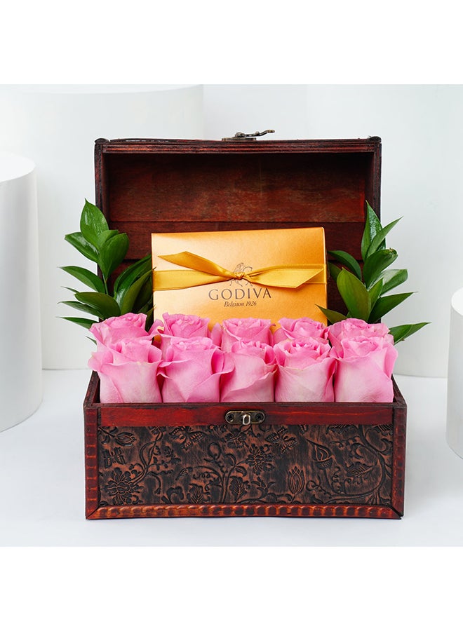 Ferns N Petals Treasure Box | Pink Roses & Godiva Chocolate - Image 1