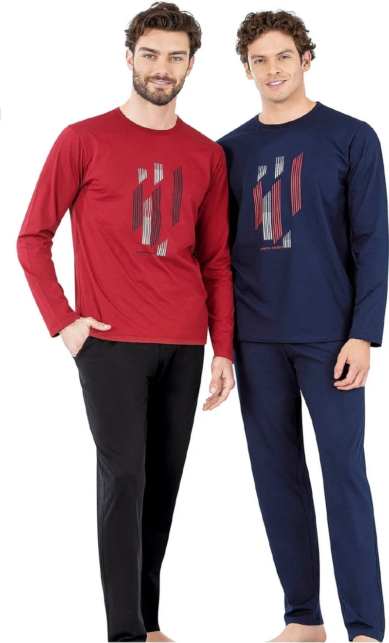 بيير كاردان 6063 Men's Long Sleeve Crew Neck Pajama Set-Navy Blue