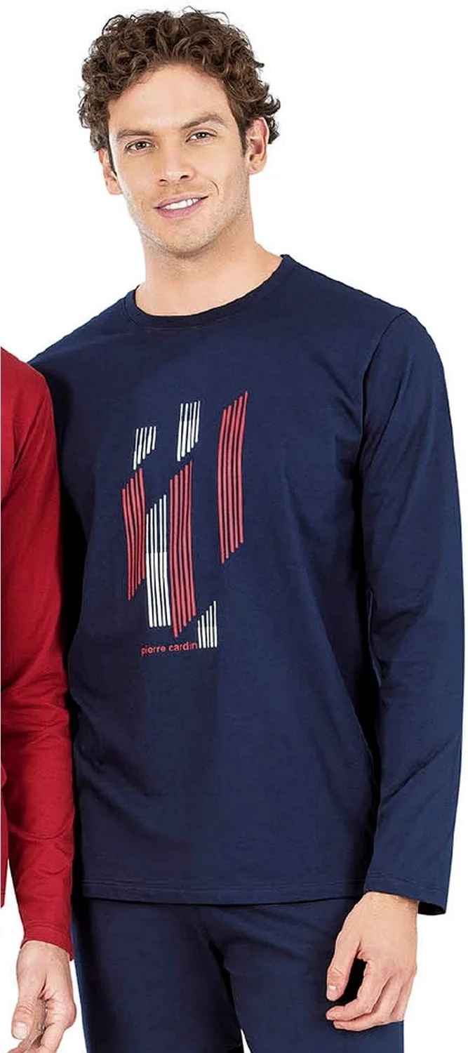 بيير كاردان 6063 Men's Long Sleeve Crew Neck Pajama Set-Navy Blue