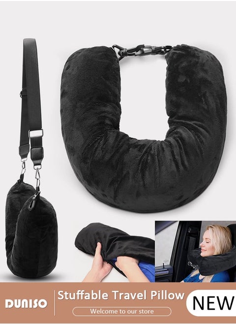 Travel Pillow Stuffable with Clothes, Transformable and Expandable Luggage Carry-On Solution, Only Travel Pillowcase, No Filler, Black Elastic Velvet