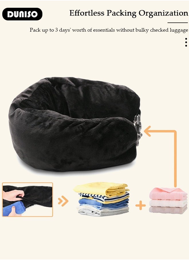 Travel Pillow Stuffable with Clothes, Transformable and Expandable Luggage Carry-On Solution, Only Travel Pillowcase, No Filler, Black Elastic Velvet