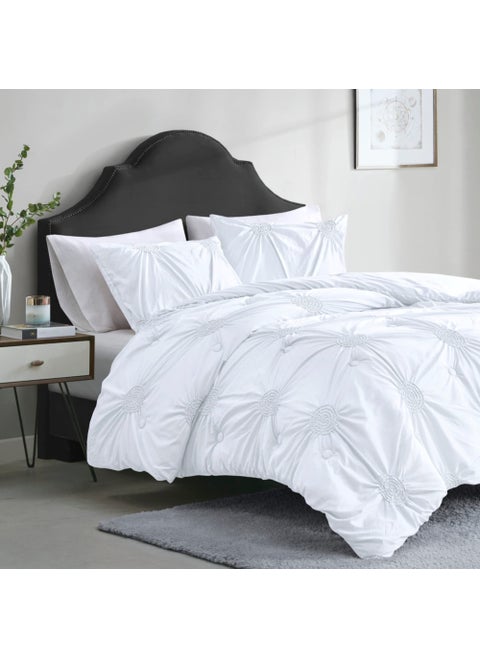 Comfort Spaces Comforter Set  Elastic Ruched Medallion Design Modern Bedding All Season Cover with Hypoallergenic Filling Matching Shams Carrying Bag Included TwinTwin XL White 2 Piece