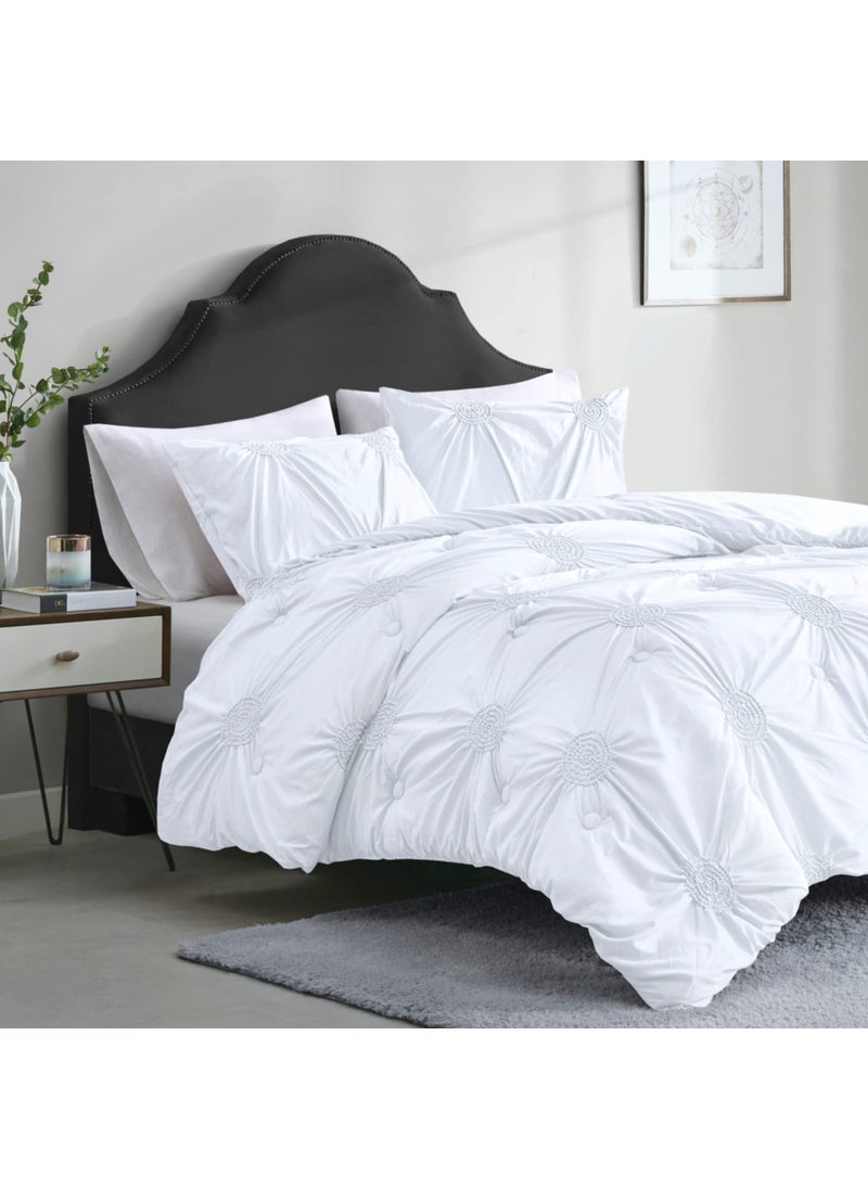 Comfort Spaces Comfort Spaces Comforter Set  Elastic Ruched Medallion Design Modern Bedding All Season Cover with Hypoallergenic Filling Matching Shams Carrying Bag Included TwinTwin XL White 2 Piece 