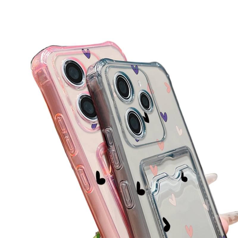 LS غطاء واقي بسيليكون لـ Redmi Note 14 مع حامل بطاقات وحماية من السقوط مع مقاوم للصدمات مع نقش قلوب يملأ الشاشة باللون شفاف من السيليكون باللون الأحمر - Image 4