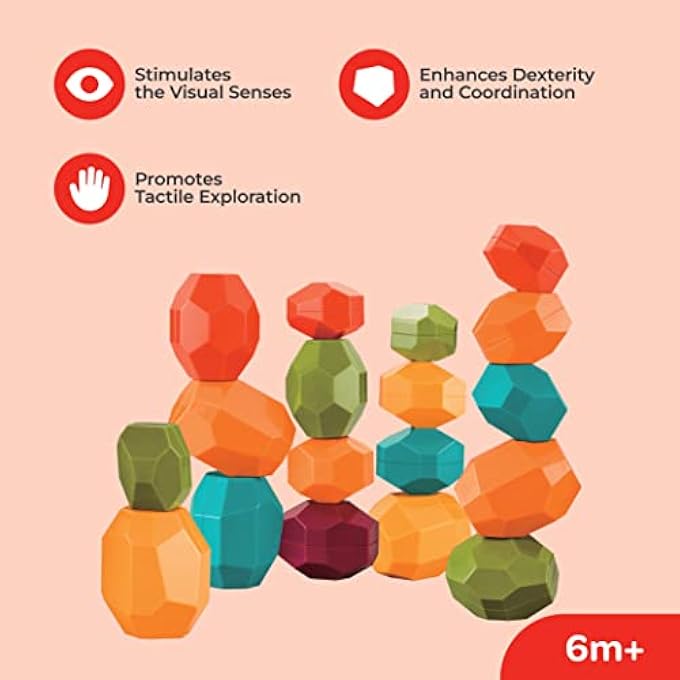 ROCK AND STACK BALANCING EDUCATIONAL SENSORY VIBRANT TOY BLOCKS FOR 12M+ TODDLERS LEARNING, COLOR AND SHAPE RECOGNITION STOCKING STUFFERS FOR KIDS 12PCS. - Image 2