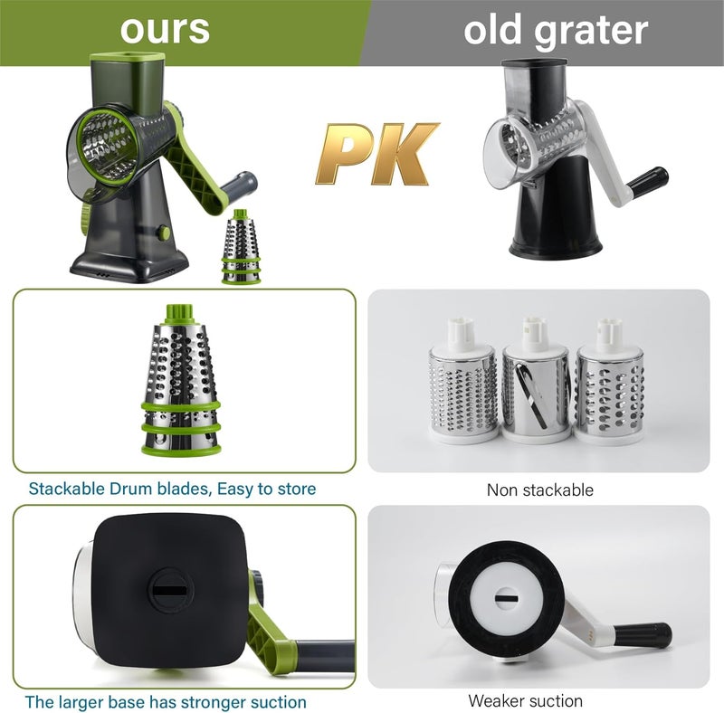 ALEXPHY Rotary Cheese Grater hand crank, 3 Blades Cheese shredder with Stronger Suction Base | Stainless Steel Blades for Fruits, Vegetables, Nuts. Easy to Clean, Transparent Black & Green - Image 4