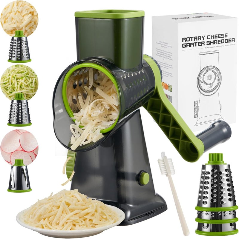 ALEXPHY Rotary Cheese Grater hand crank, 3 Blades Cheese shredder with Stronger Suction Base | Stainless Steel Blades for Fruits, Vegetables, Nuts. Easy to Clean, Transparent Black & Green - Image 1